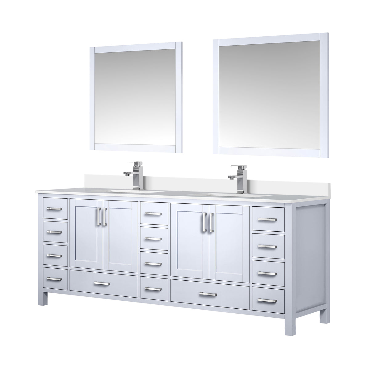 Jacques 84" White Double Vanity, White Quartz Top, White Square Sinks and 34" Mirrors w/ Faucets