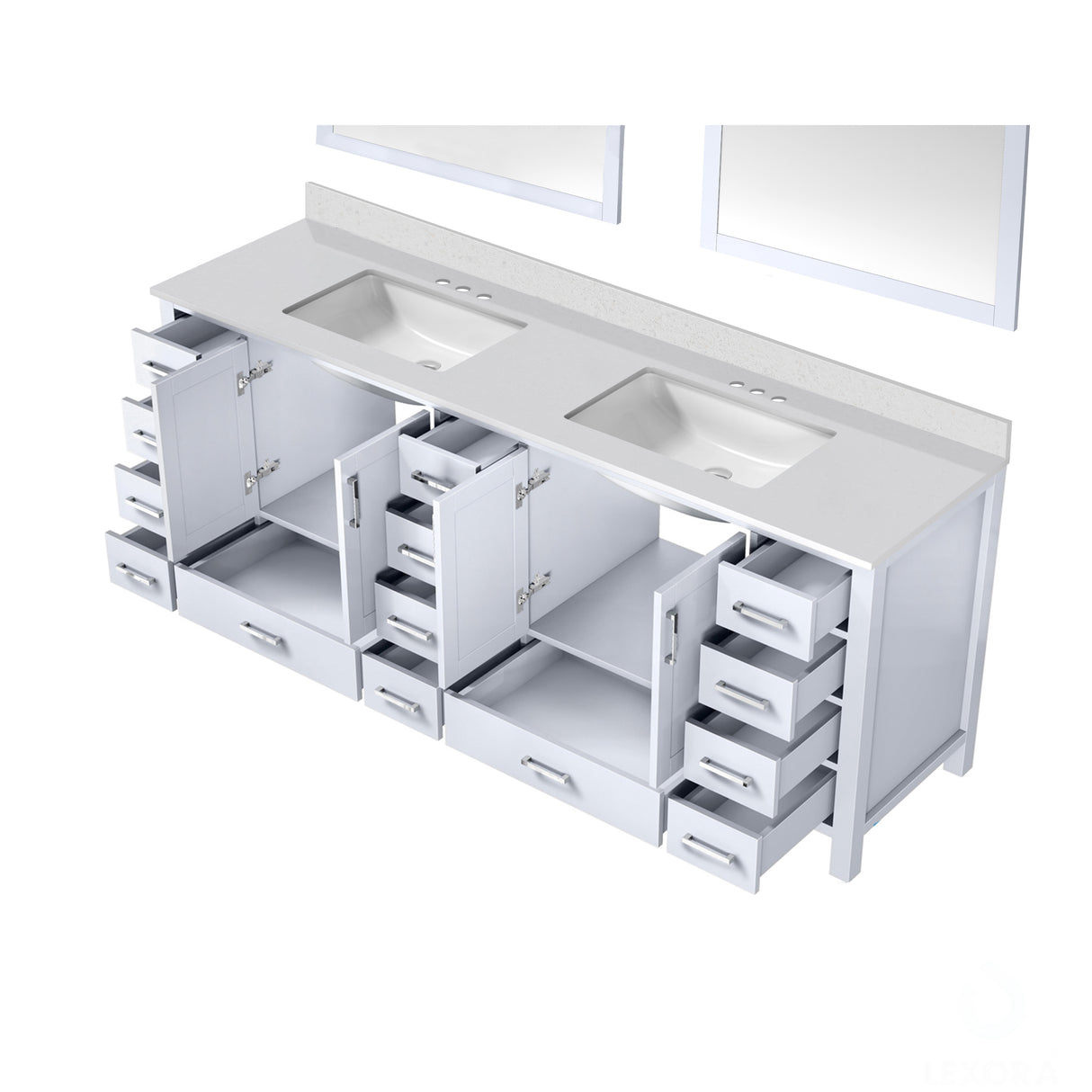 Jacques 84" White Double Vanity, White Quartz Top, White Square Sinks and 34" Mirrors