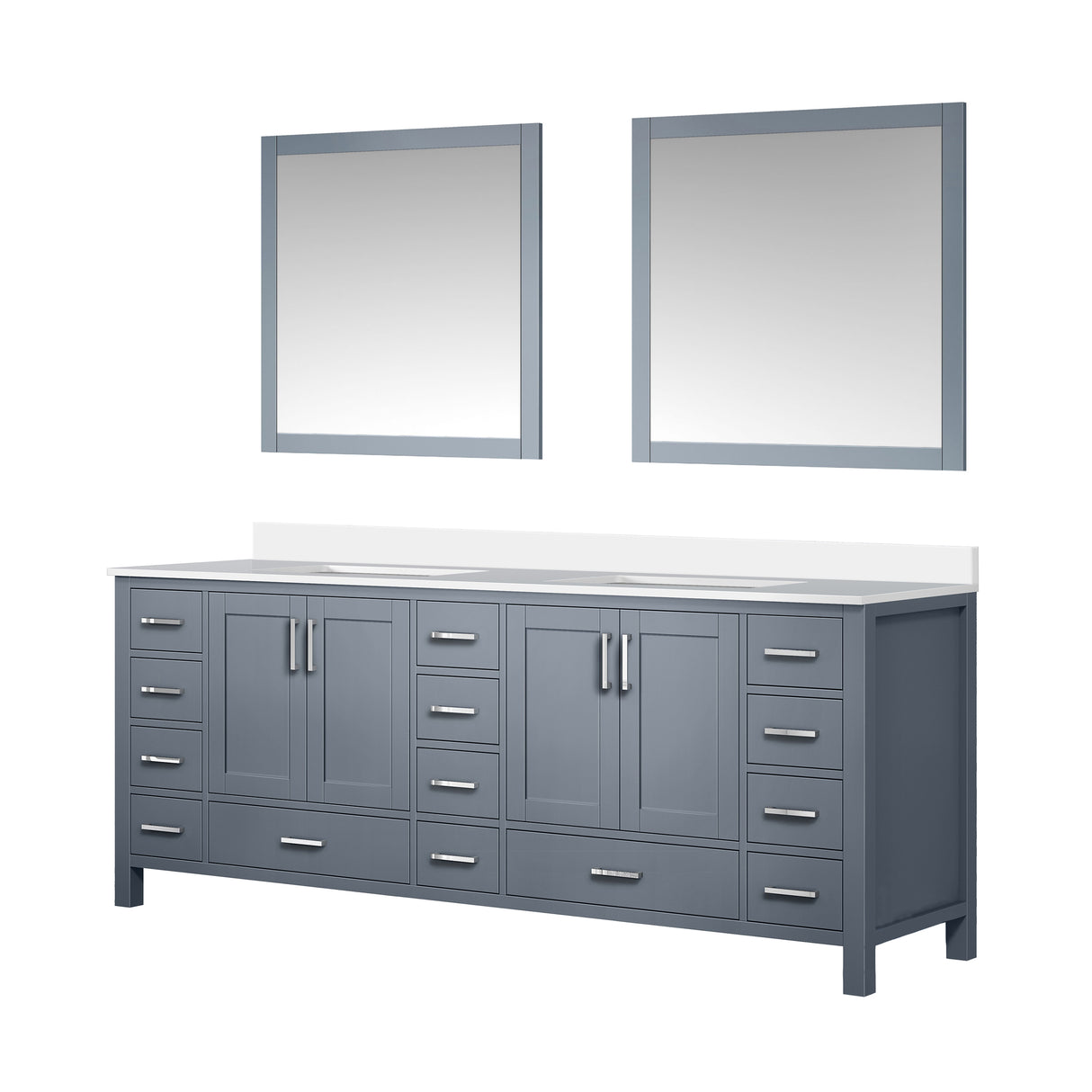 Jacques 84" Dark Grey Double Vanity, White Quartz Top, White Square Sinks and 34" Mirrors