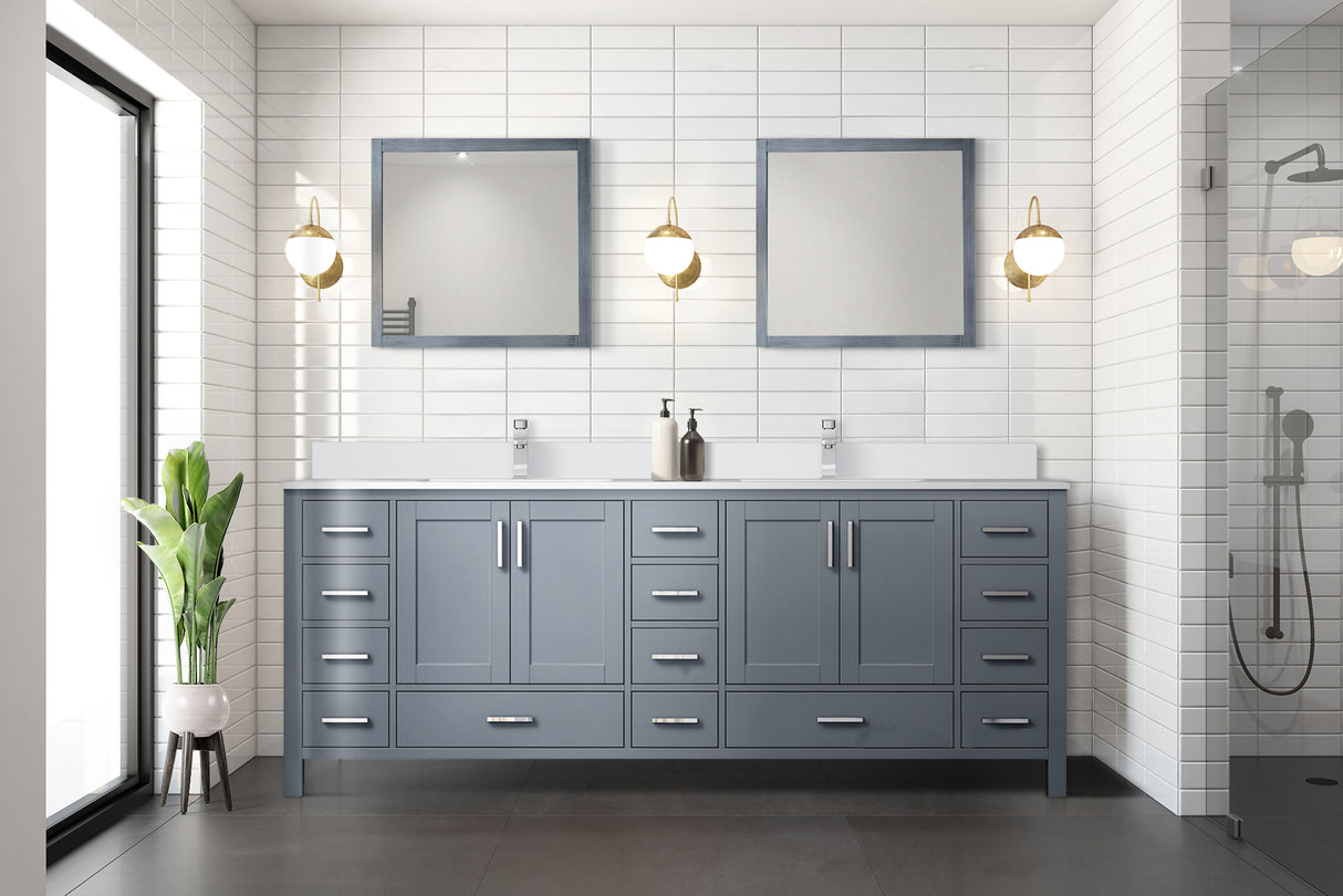 Jacques 84" Dark Grey Double Vanity, White Quartz Top, White Square Sinks and 34" Mirrors w/ Faucets