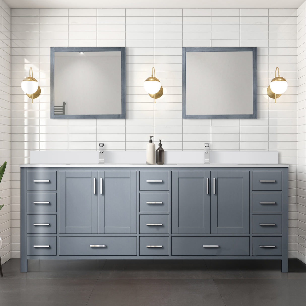 Jacques 84" Dark Grey Double Vanity, White Quartz Top, White Square Sinks and 34" Mirrors