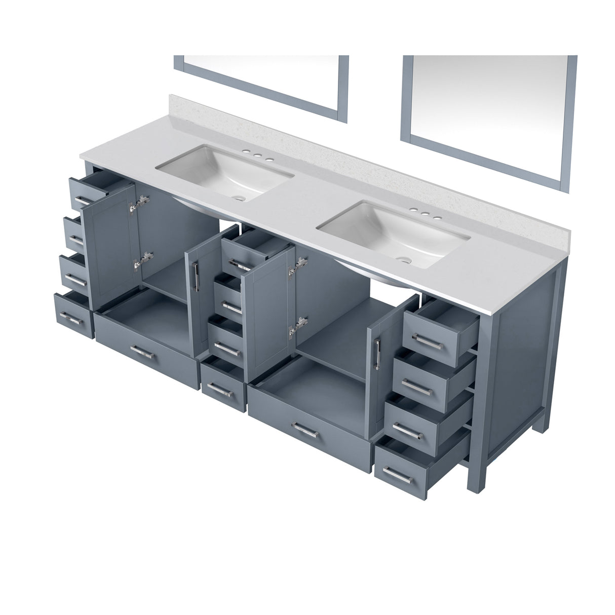 Jacques 84" Dark Grey Double Vanity, White Quartz Top, White Square Sinks and 34" Mirrors