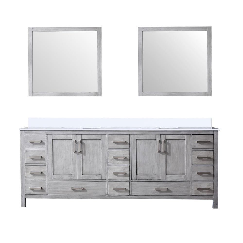 Jacques 84" Distressed Grey Double Vanity, White Quartz Top, White Square Sinks and 34" Mirrors
