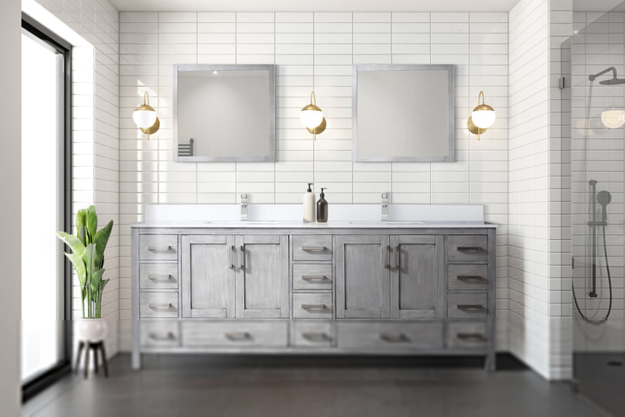 Jacques 84" Distressed Grey Double Vanity, White Quartz Top, White Square Sinks and 34" Mirrors