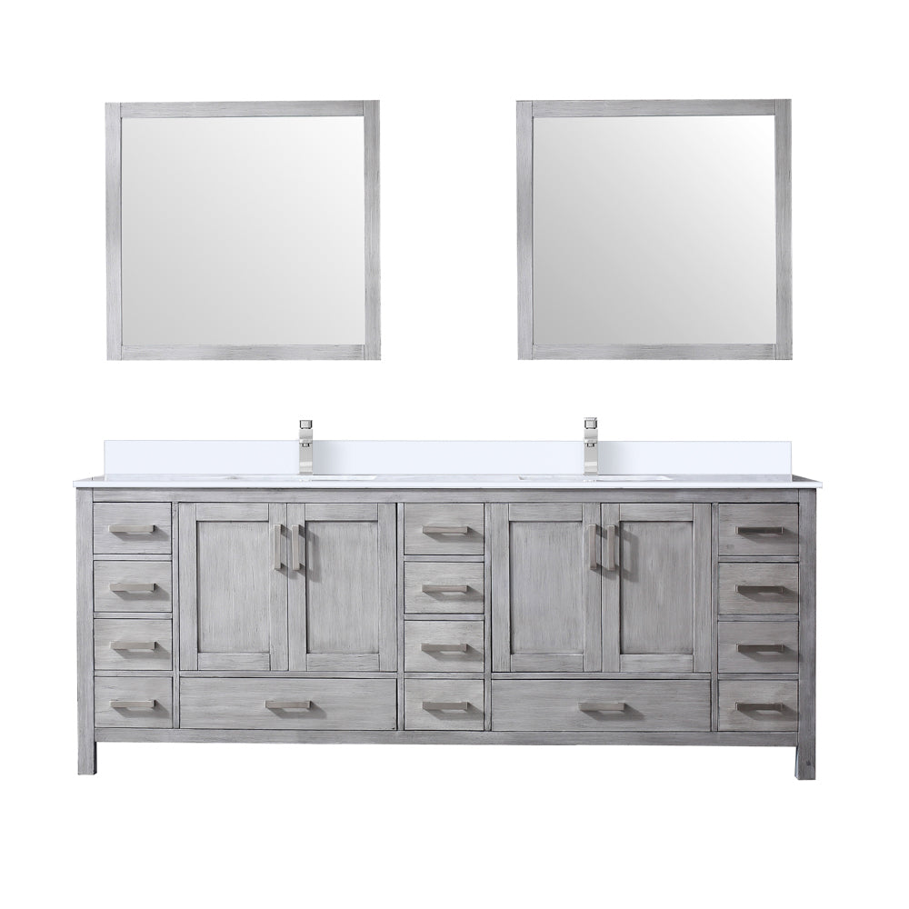 Jacques 84" Distressed Grey Double Vanity, White Quartz Top, White Square Sinks and 34" Mirrors w/ Faucets
