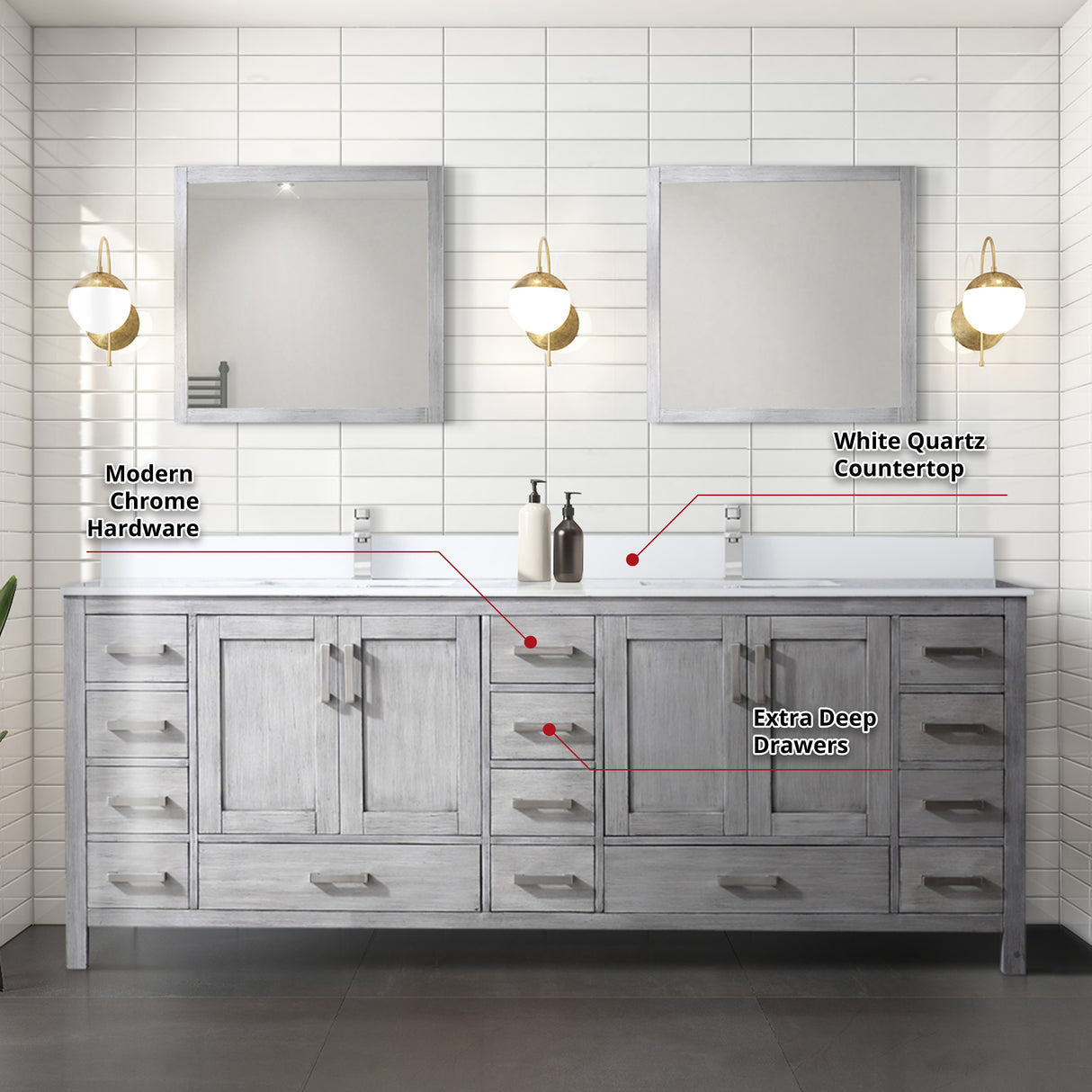 Jacques 84" Distressed Grey Double Vanity, White Quartz Top, White Square Sinks and 34" Mirrors w/ Faucets