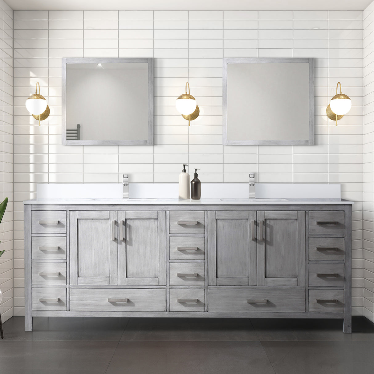 Jacques 84" Distressed Grey Double Vanity, White Quartz Top, White Square Sinks and 34" Mirrors w/ Faucets