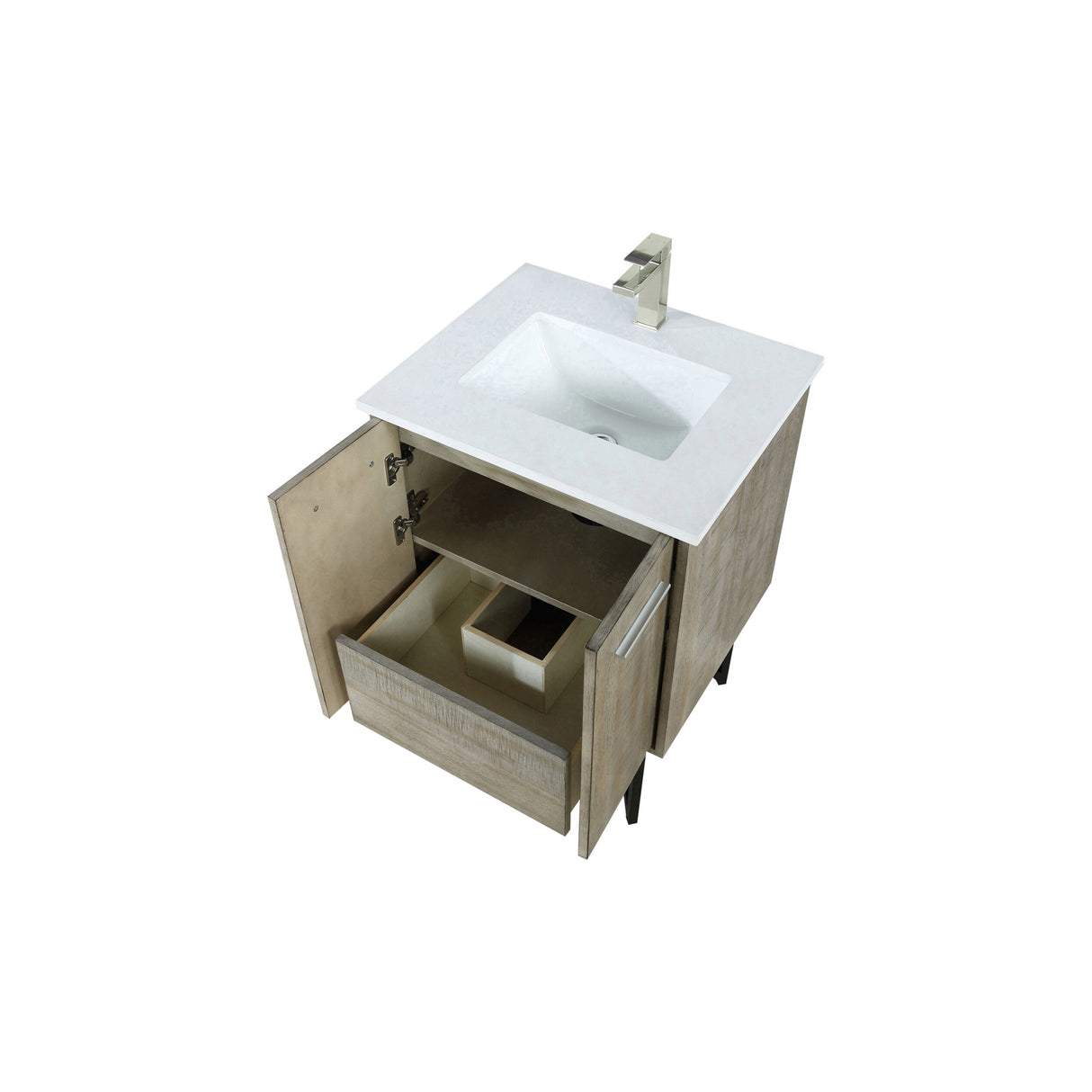 Lancy 24 in. Rustic Acacia Freestanding Bathroom Vanity with White Quartz Top, White Square Sink, and Labaro Brushed Nickel Faucet Set