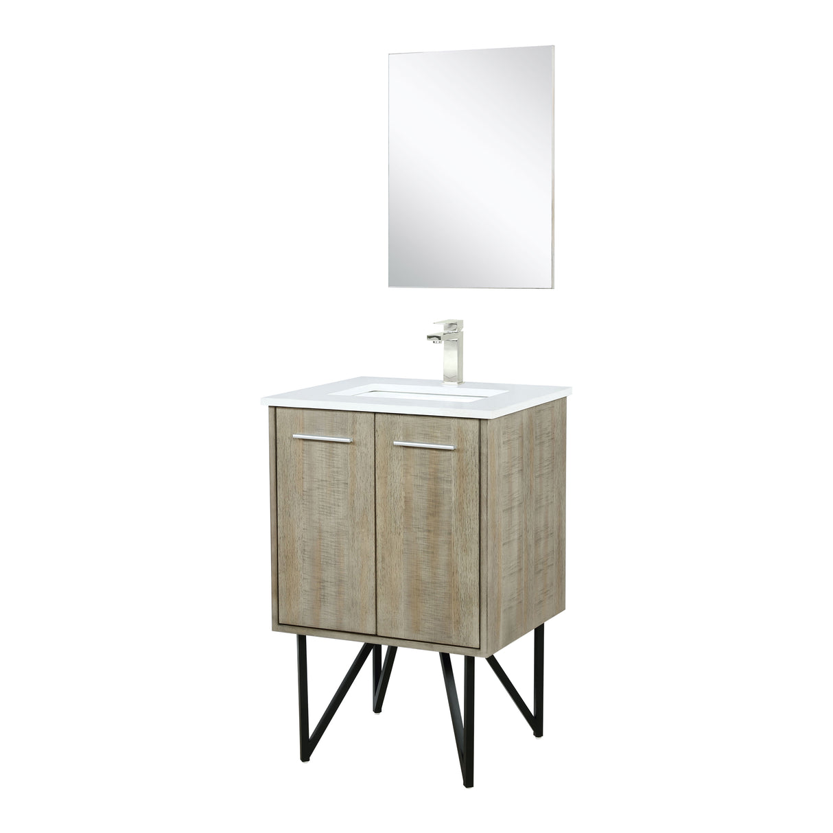 Lancy 24" Rustic Acacia Bathroom Vanity, White Quartz Top, White Square Sink, Labaro Brushed Nickel Faucet Set, and 18" Frameless Mirror