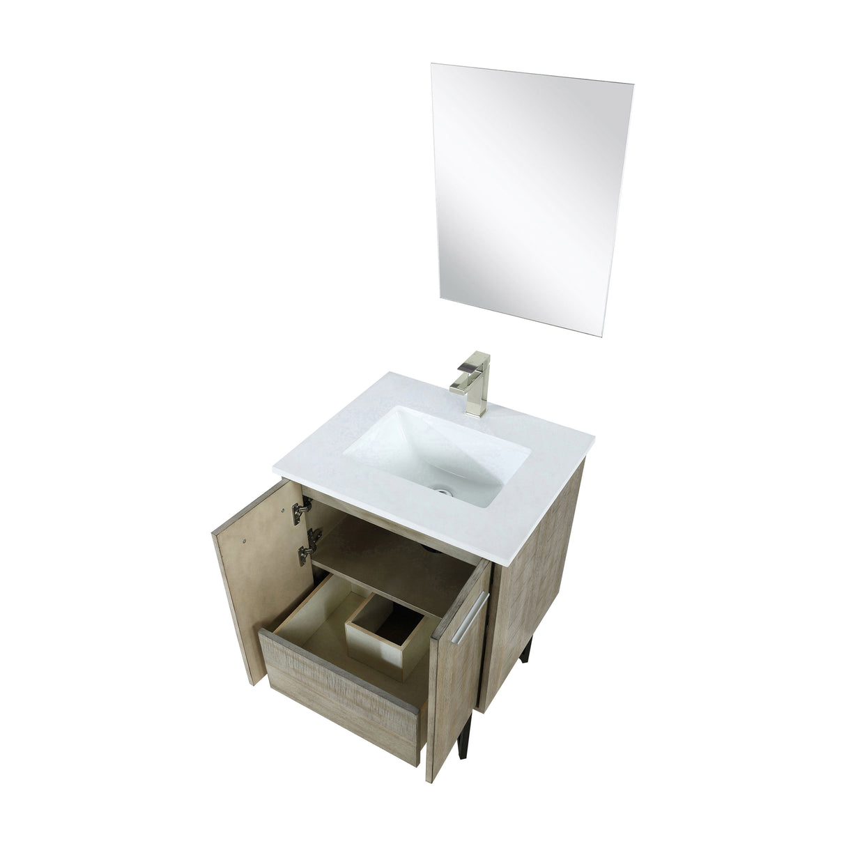 Lancy 24" Rustic Acacia Bathroom Vanity, White Quartz Top, White Square Sink, Labaro Brushed Nickel Faucet Set, and 18" Frameless Mirror