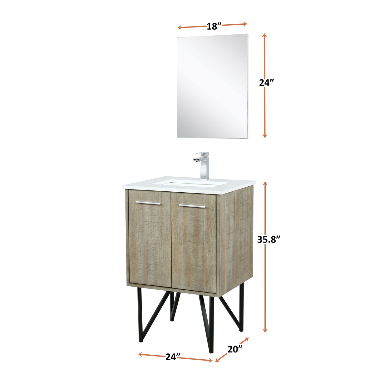 Lancy 24" Rustic Acacia Bathroom Vanity, White Quartz Top, White Square Sink, Monte Chrome Faucet Set, and 18" Frameless Mirror