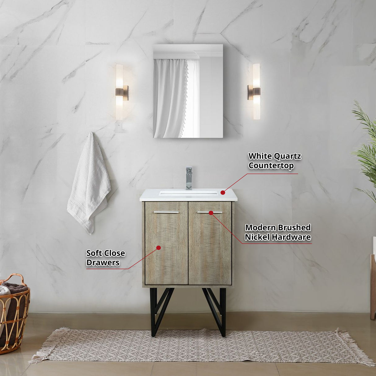 Lancy 24" Rustic Acacia Bathroom Vanity, White Quartz Top, White Square Sink, Monte Chrome Faucet Set, and 18" Frameless Mirror