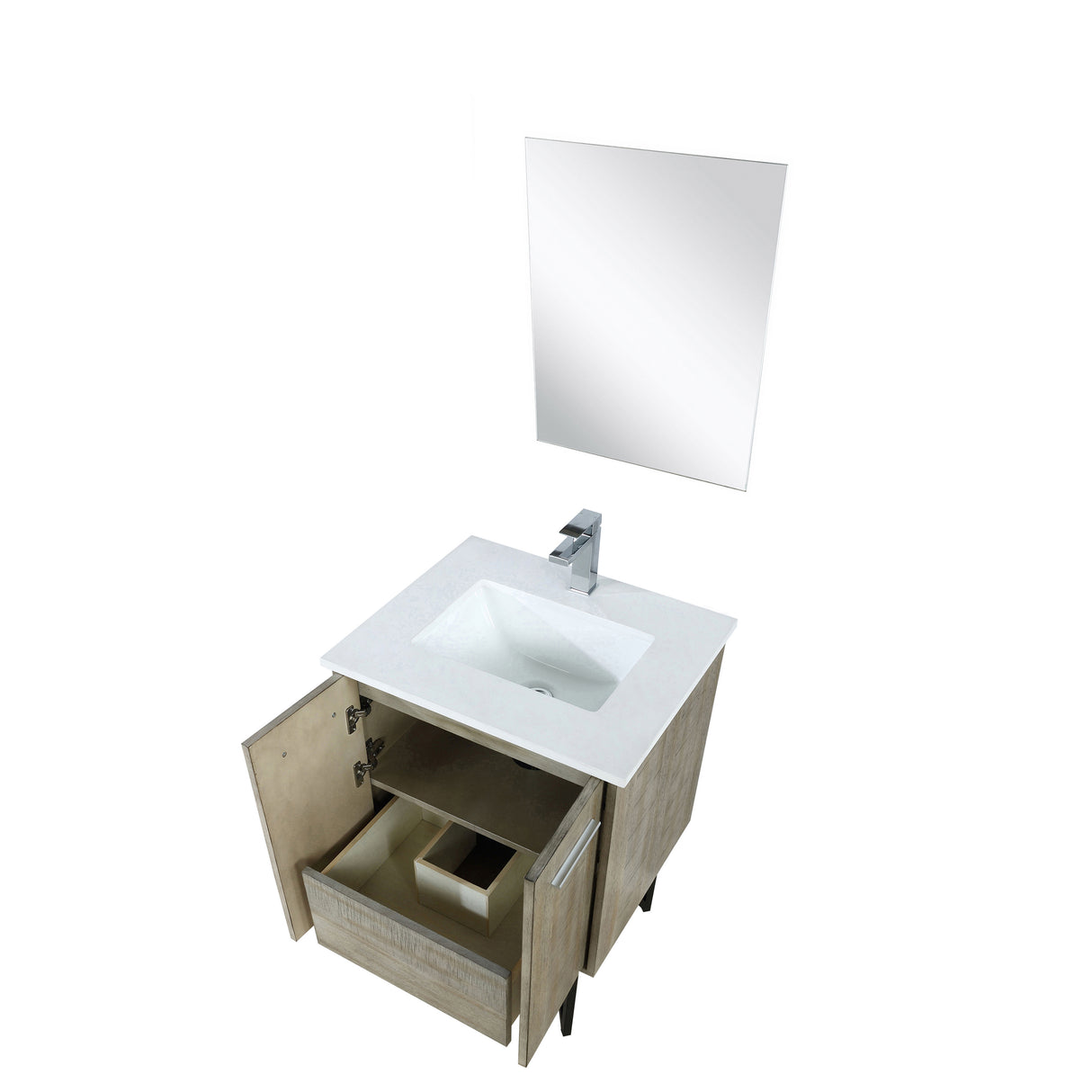 Lancy 24" Rustic Acacia Bathroom Vanity, White Quartz Top, White Square Sink, Monte Chrome Faucet Set, and 18" Frameless Mirror