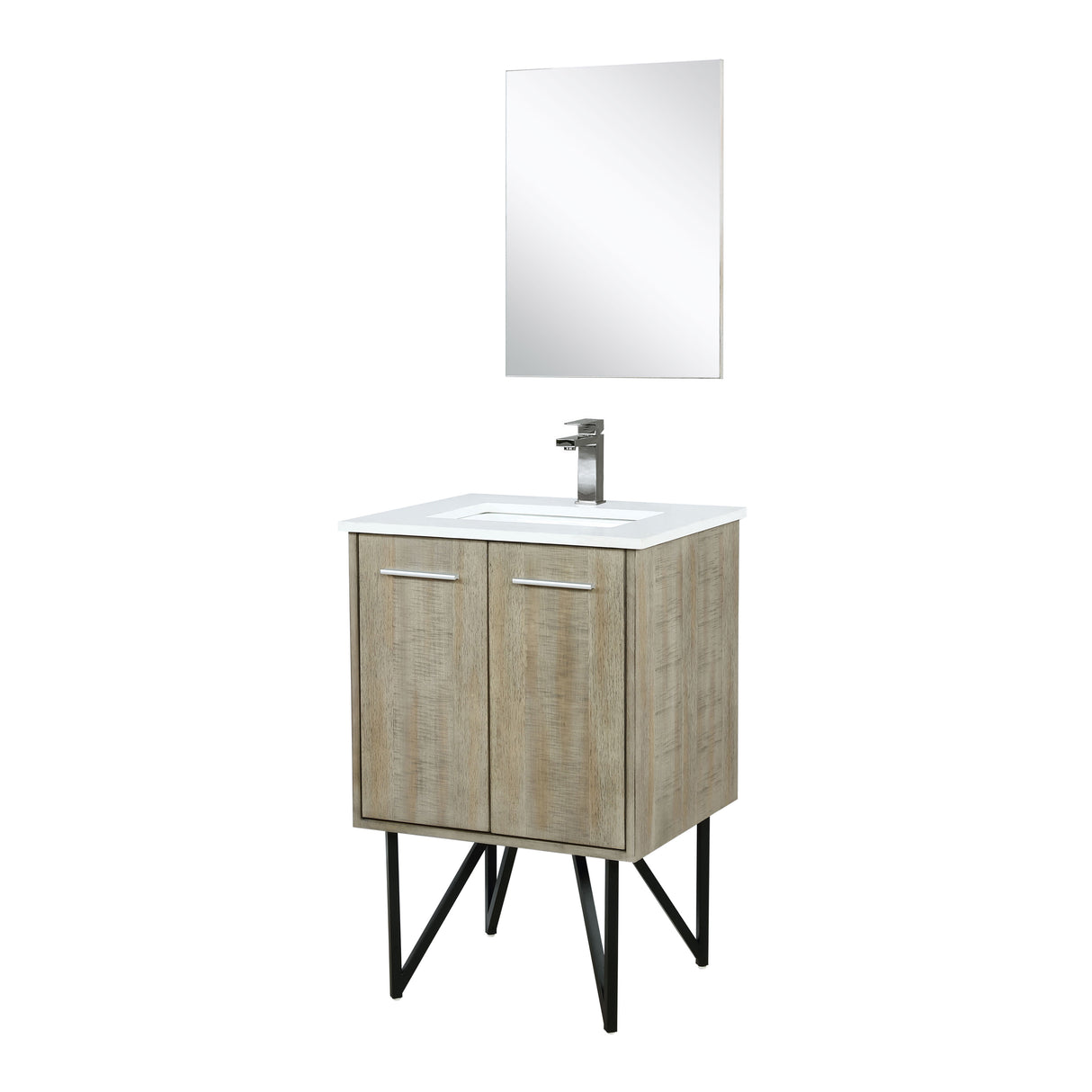 Lancy 24" Rustic Acacia Bathroom Vanity, White Quartz Top, White Square Sink, Balzani Gun Metal Faucet Set, and 18" Frameless Mirror