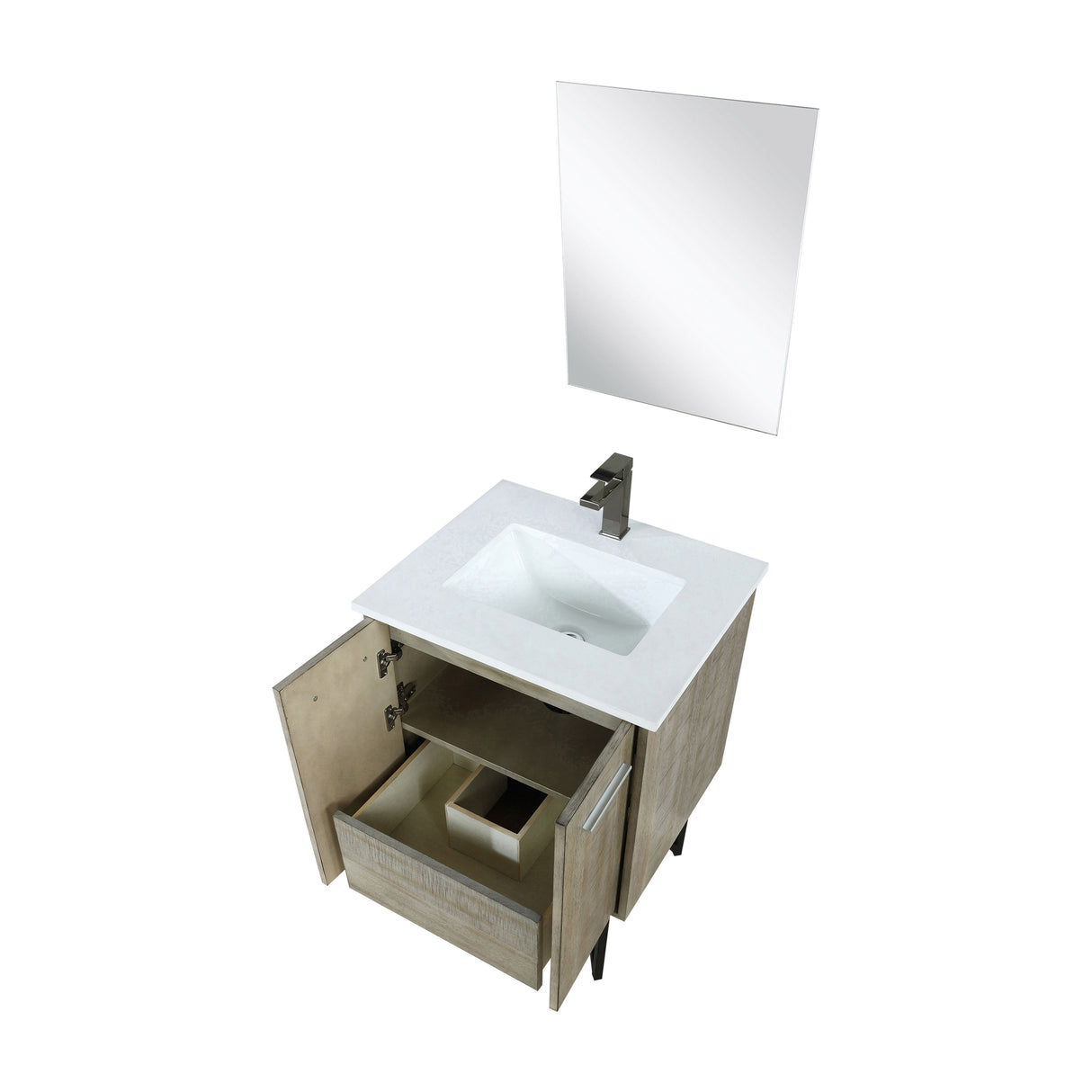 Lancy 24" Rustic Acacia Bathroom Vanity, White Quartz Top, White Square Sink, Balzani Gun Metal Faucet Set, and 18" Frameless Mirror