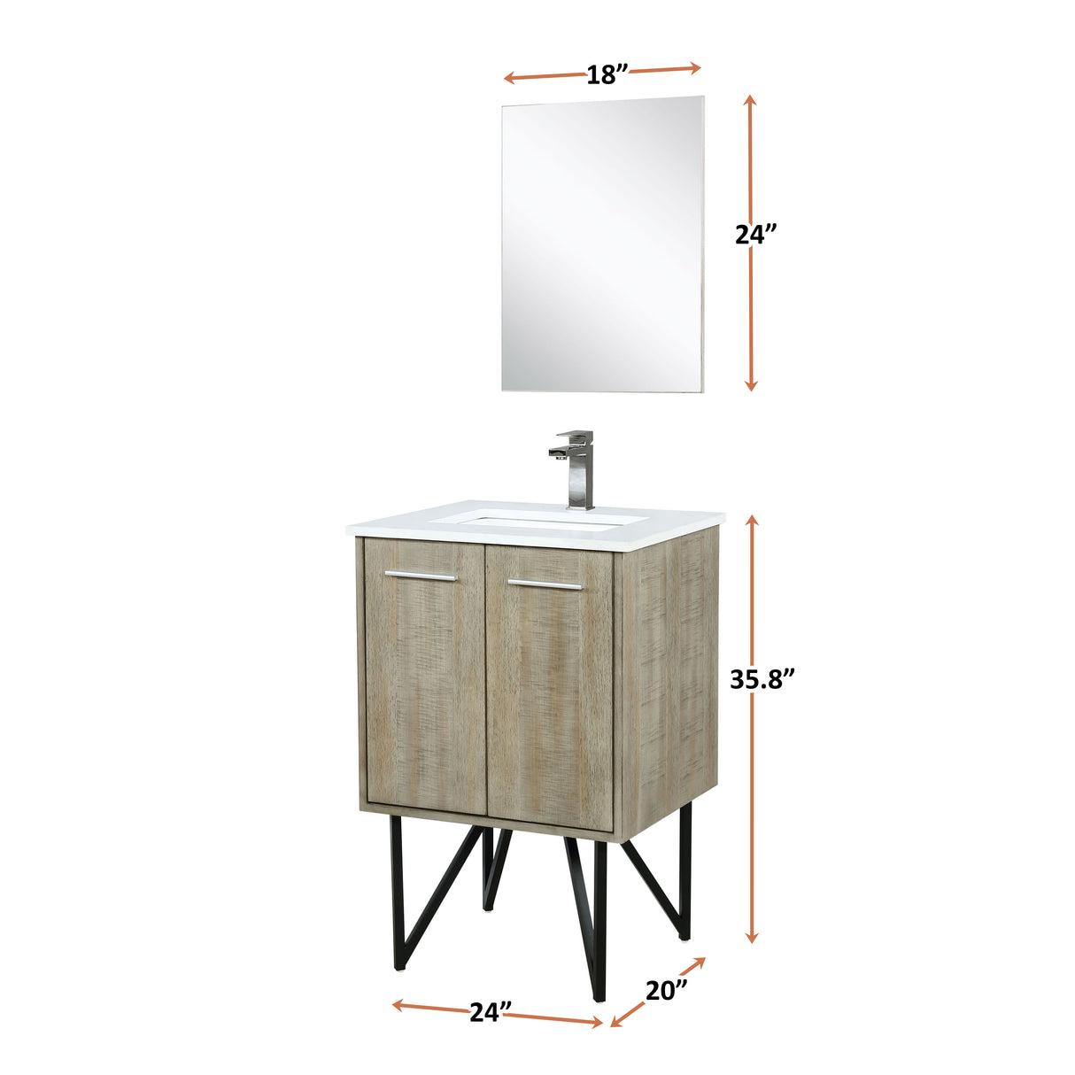 Lancy 24" Rustic Acacia Bathroom Vanity, White Quartz Top, White Square Sink, Balzani Gun Metal Faucet Set, and 18" Frameless Mirror