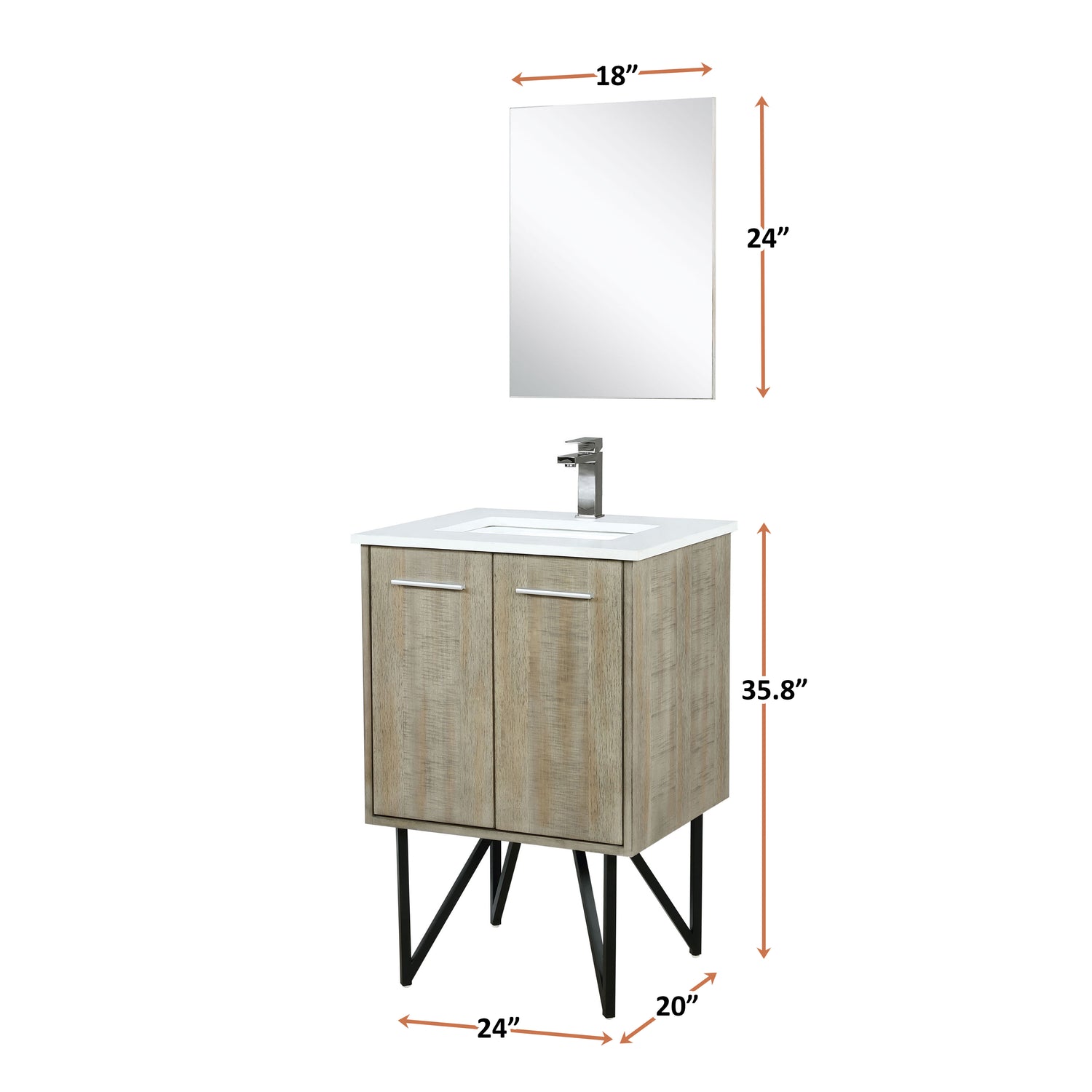 Lancy 24 in. Rustic Acacia  Freestanding Bathroom Vanity with White Quartz Top, White Square Sink, and Balzani Gun Metal Faucet Set