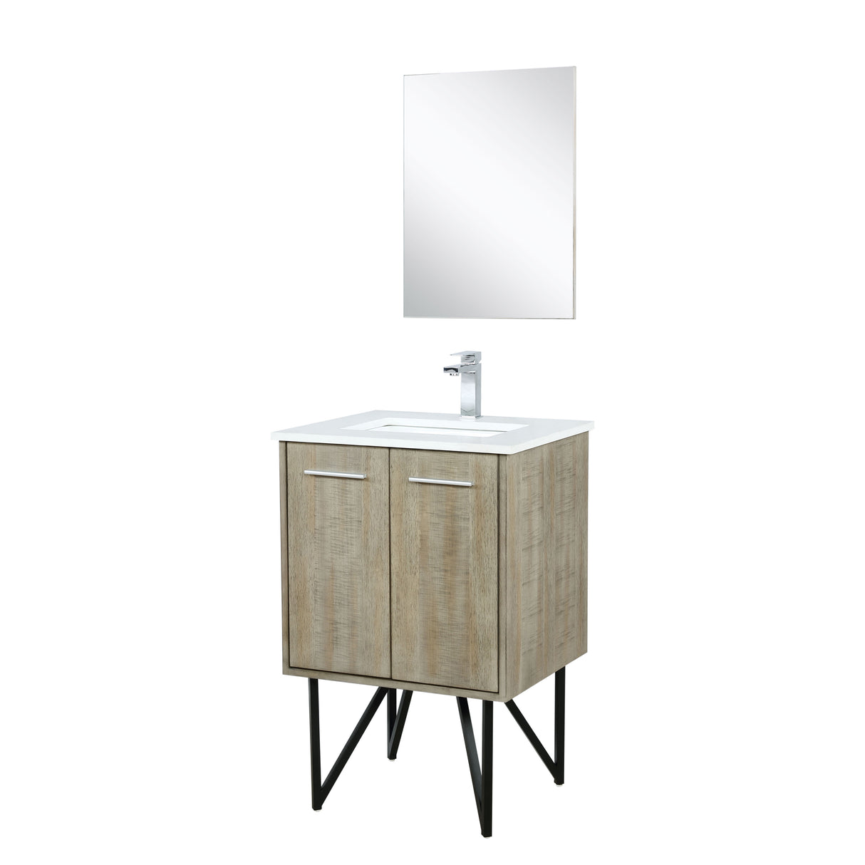 Lancy 24" Rustic Acacia Bathroom Vanity, White Quartz Top, White Square Sink, Monte Chrome Faucet Set, and 18" Frameless Mirror
