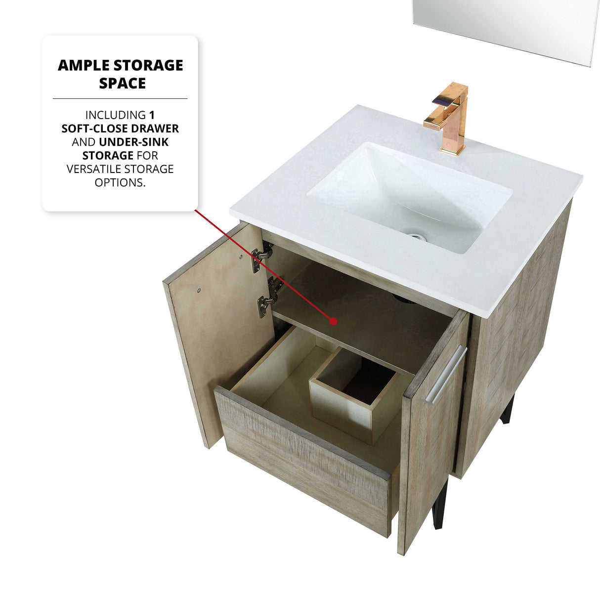 Lancy 24" Rustic Acacia Bathroom Vanity, White Quartz Top, White Square Sink, and 18" Frameless Mirror