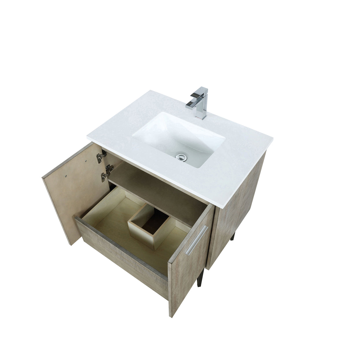 Lancy 30 in. Rustic Acacia Freestanding Bathroom Vanity with White Quartz Top, White Square Sink, and Monte Chrome Faucet Set