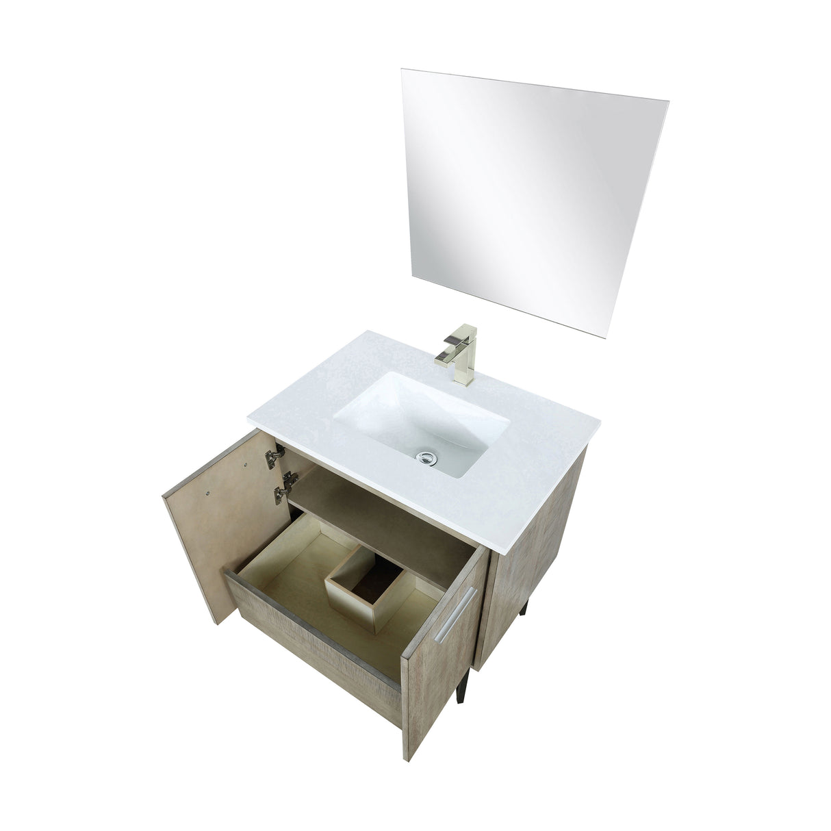 Lancy 30" Rustic Acacia Bathroom Vanity, White Quartz Top, White Square Sink, Labaro Brushed Nickel Faucet Set, and 28" Frameless Mirror