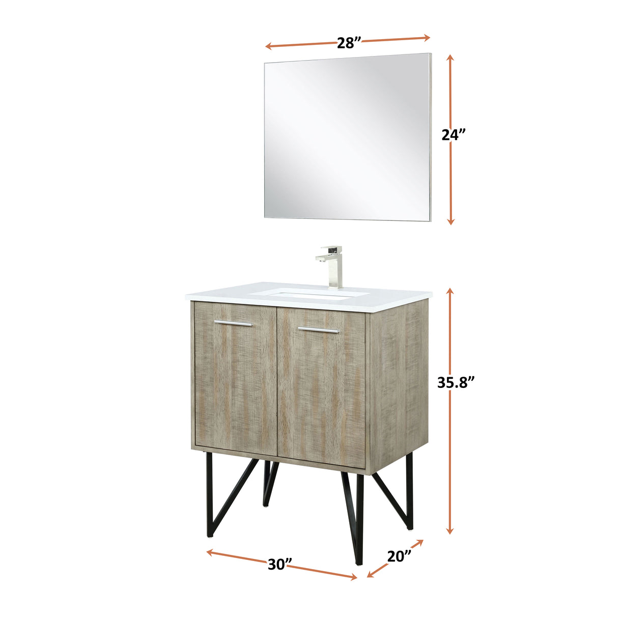 Lancy 30" Rustic Acacia Bathroom Vanity, White Quartz Top, White Square Sink, Labaro Brushed Nickel Faucet Set, and 28" Frameless Mirror