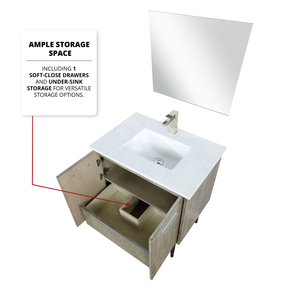 Lancy 30 in. Rustic Acacia Freestanding Bathroom Vanity with White Quartz Top, White Square Sink, and Labaro Brushed Nickel Faucet Set
