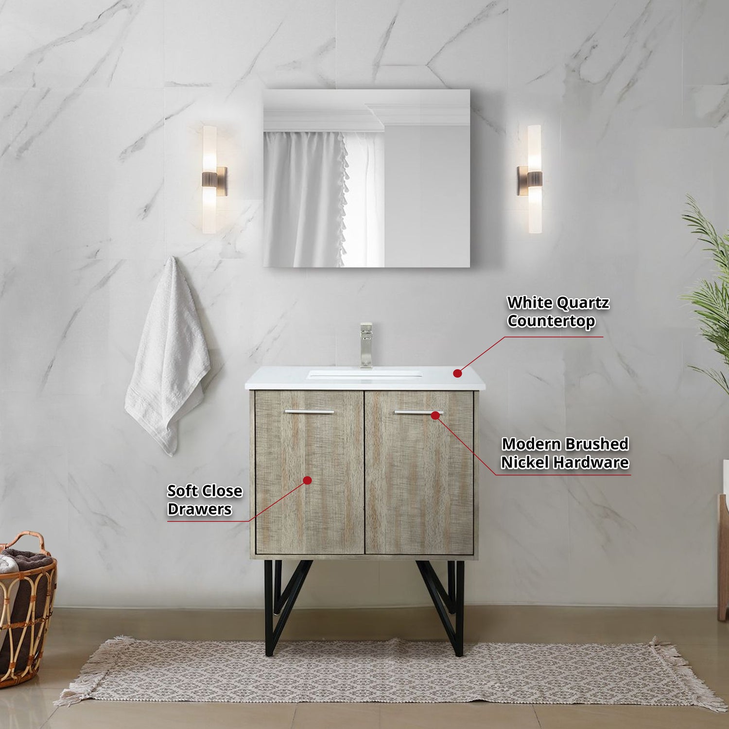 Lancy 30 in. Rustic Acacia  Freestanding Bathroom Vanity with White Quartz Top, and White Square Sink