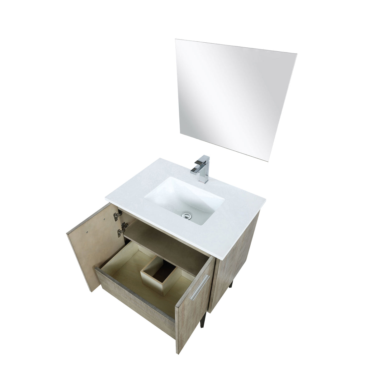 Lancy 30" Rustic Acacia Bathroom Vanity, White Quartz Top, White Square Sink, Monte Chrome Faucet Set, and 28" Frameless Mirror