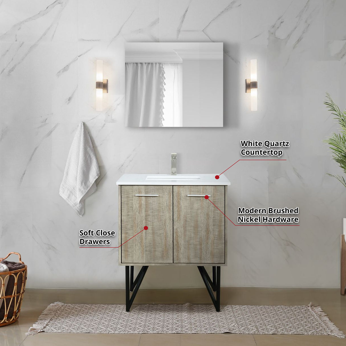 Lancy 30" Rustic Acacia Bathroom Vanity, White Quartz Top, White Square Sink, Labaro Brushed Nickel Faucet Set, and 28" Frameless Mirror