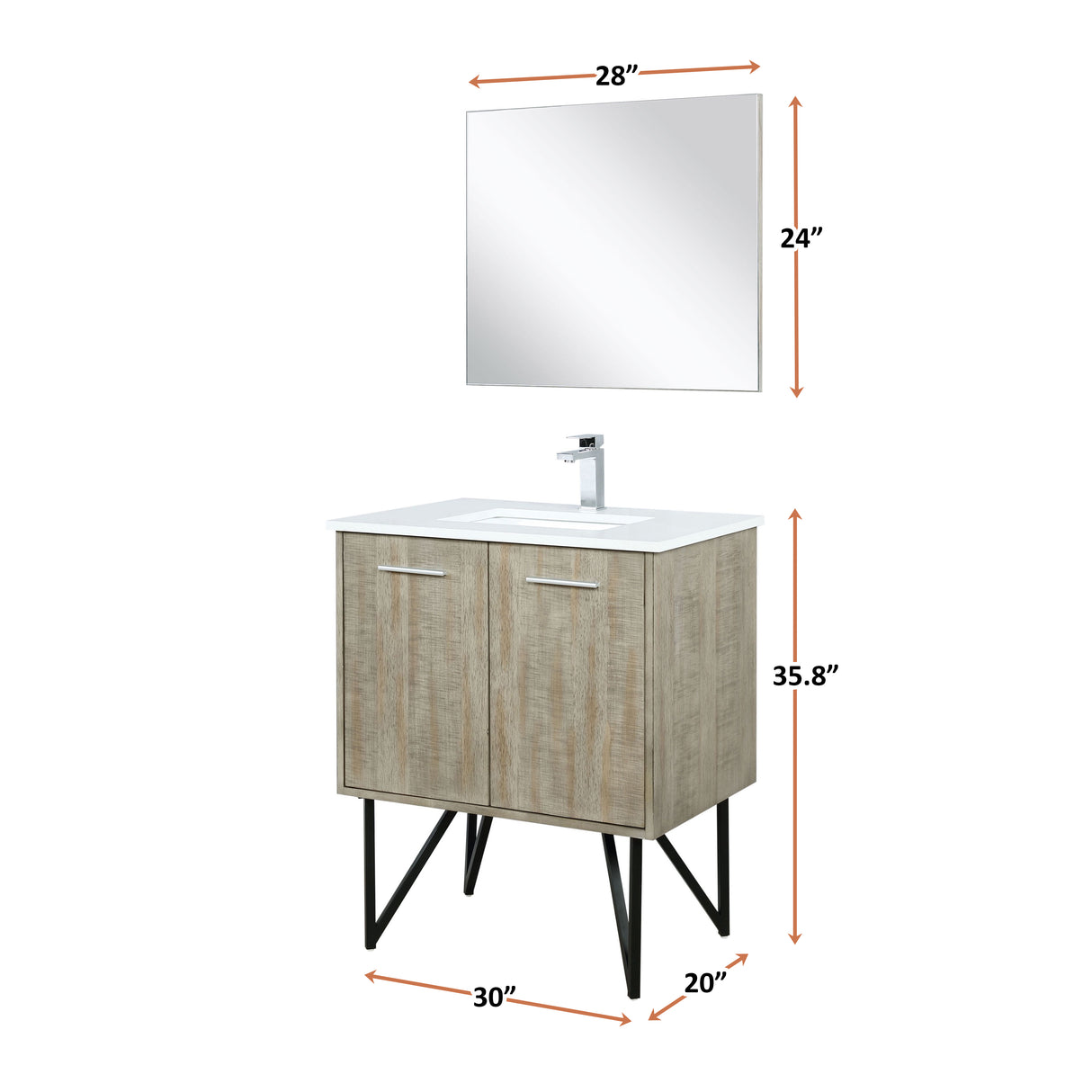 Lancy 30" Rustic Acacia Bathroom Vanity, White Quartz Top, White Square Sink, Monte Chrome Faucet Set, and 28" Frameless Mirror