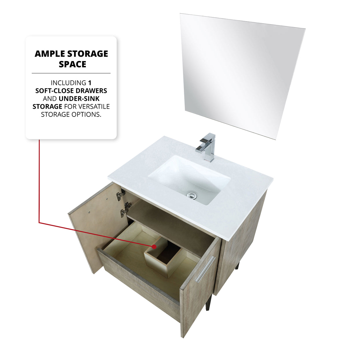 Lancy 30" Rustic Acacia Bathroom Vanity, White Quartz Top, White Square Sink, Monte Chrome Faucet Set, and 28" Frameless Mirror