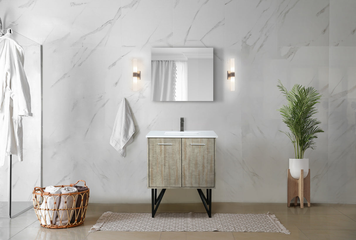 Lancy 30" Rustic Acacia Bathroom Vanity, White Quartz Top, White Square Sink, Balzani Gun Metal Faucet Set, and 28" Frameless Mirror