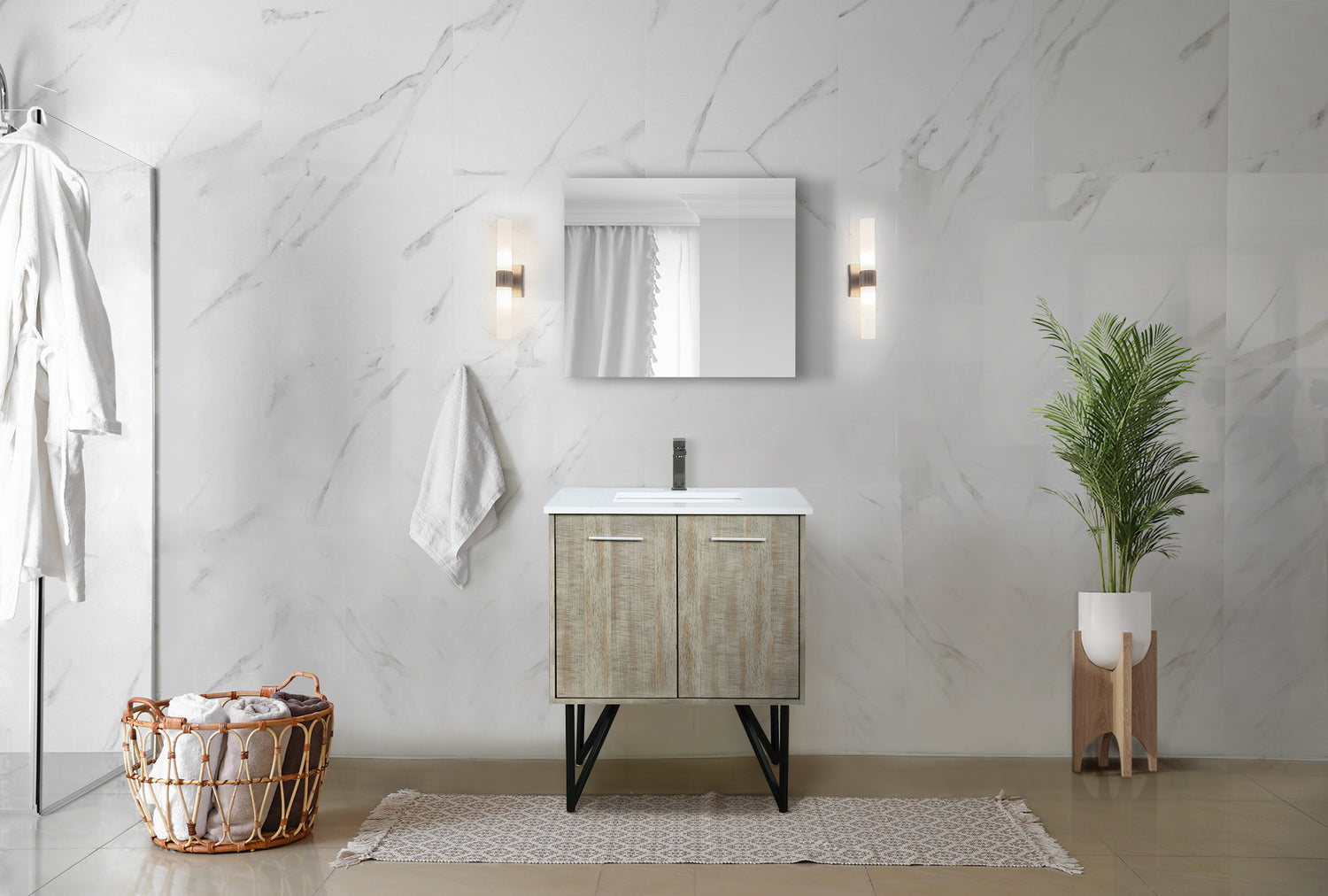 Lancy 30 in. Rustic Acacia  Freestanding Bathroom Vanity with White Quartz Top, White Square Sink, and Balzani Gun Metal Faucet Set