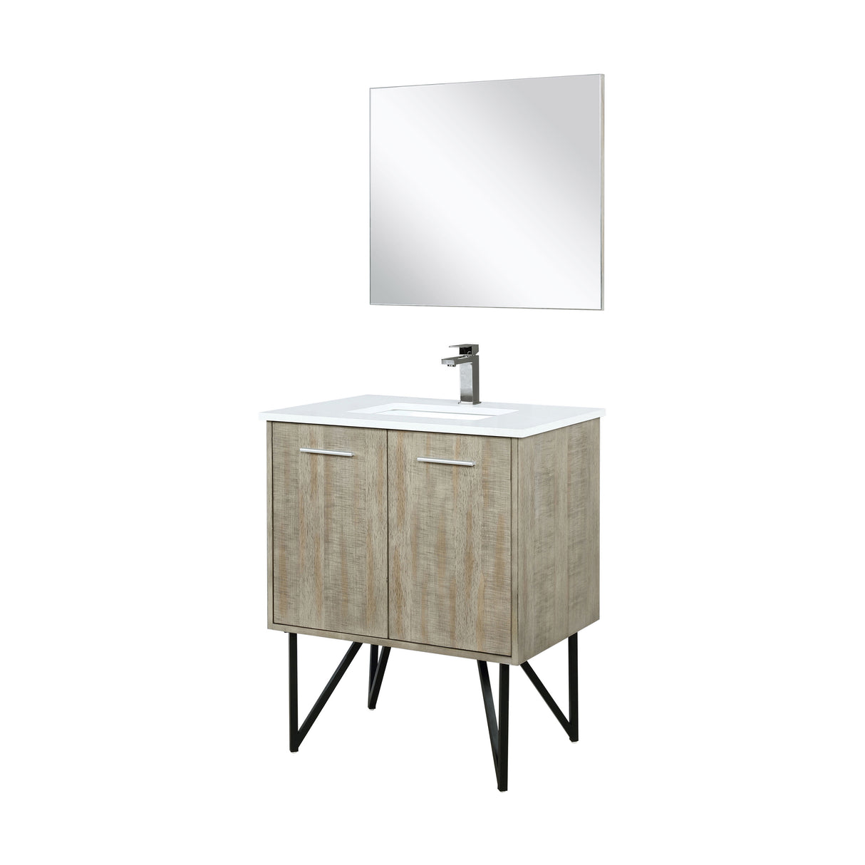 Lancy 30" Rustic Acacia Bathroom Vanity, White Quartz Top, White Square Sink, Balzani Gun Metal Faucet Set, and 28" Frameless Mirror