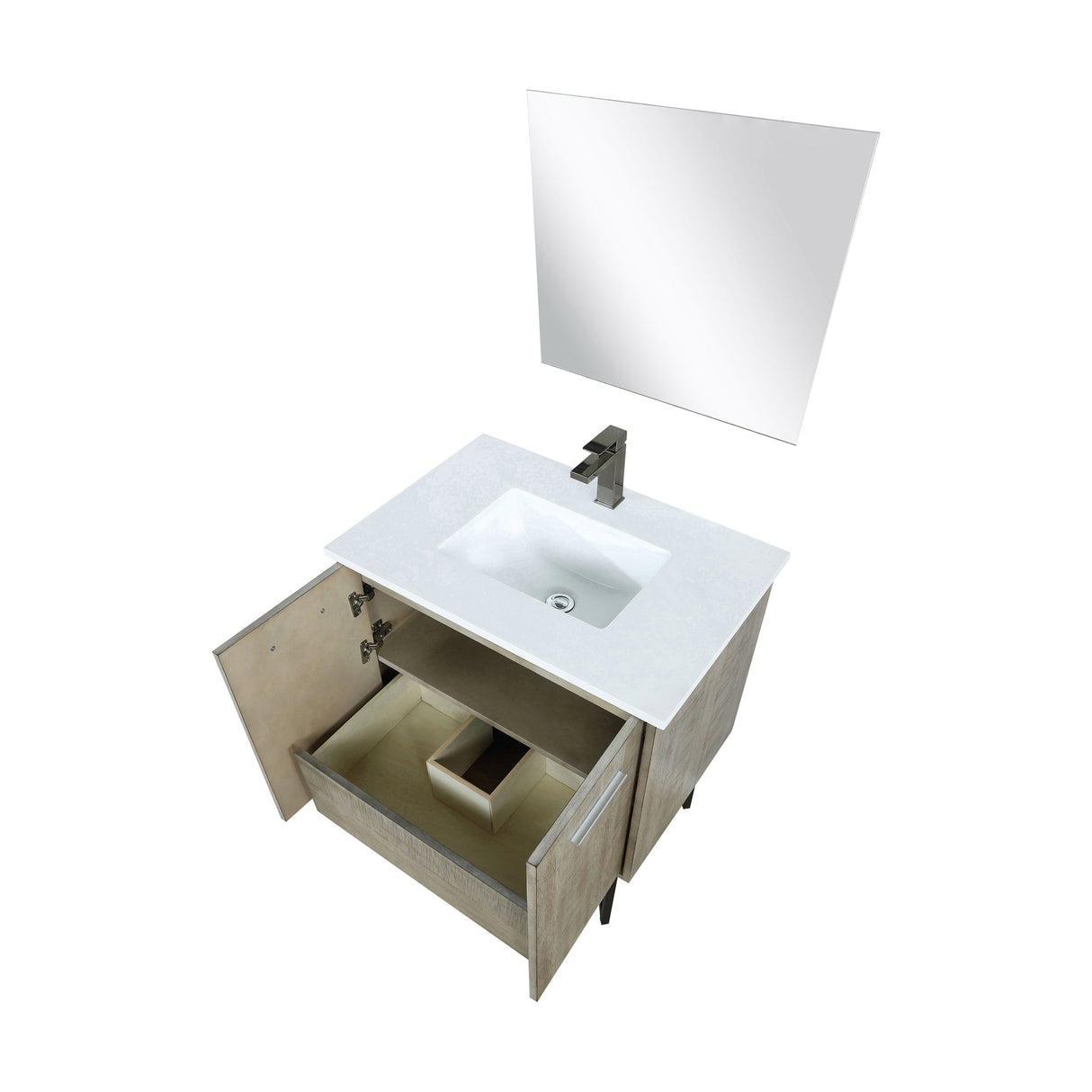 Lancy 30" Rustic Acacia Bathroom Vanity, White Quartz Top, White Square Sink, Balzani Gun Metal Faucet Set, and 28" Frameless Mirror