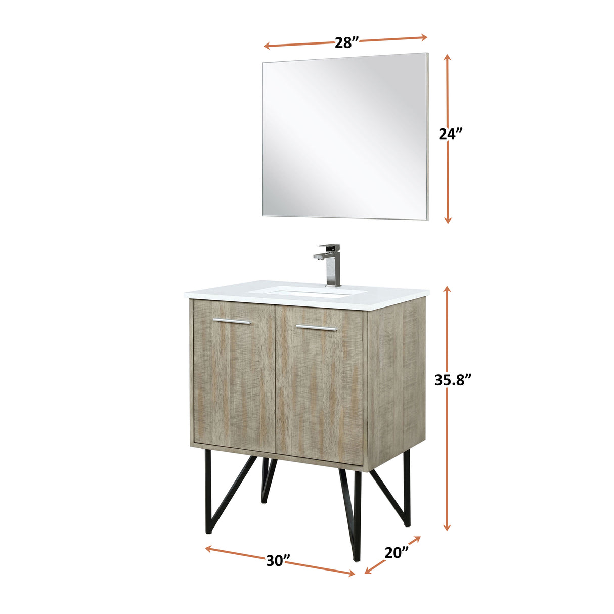 Lancy 30" Rustic Acacia Bathroom Vanity, White Quartz Top, White Square Sink, Balzani Gun Metal Faucet Set, and 28" Frameless Mirror