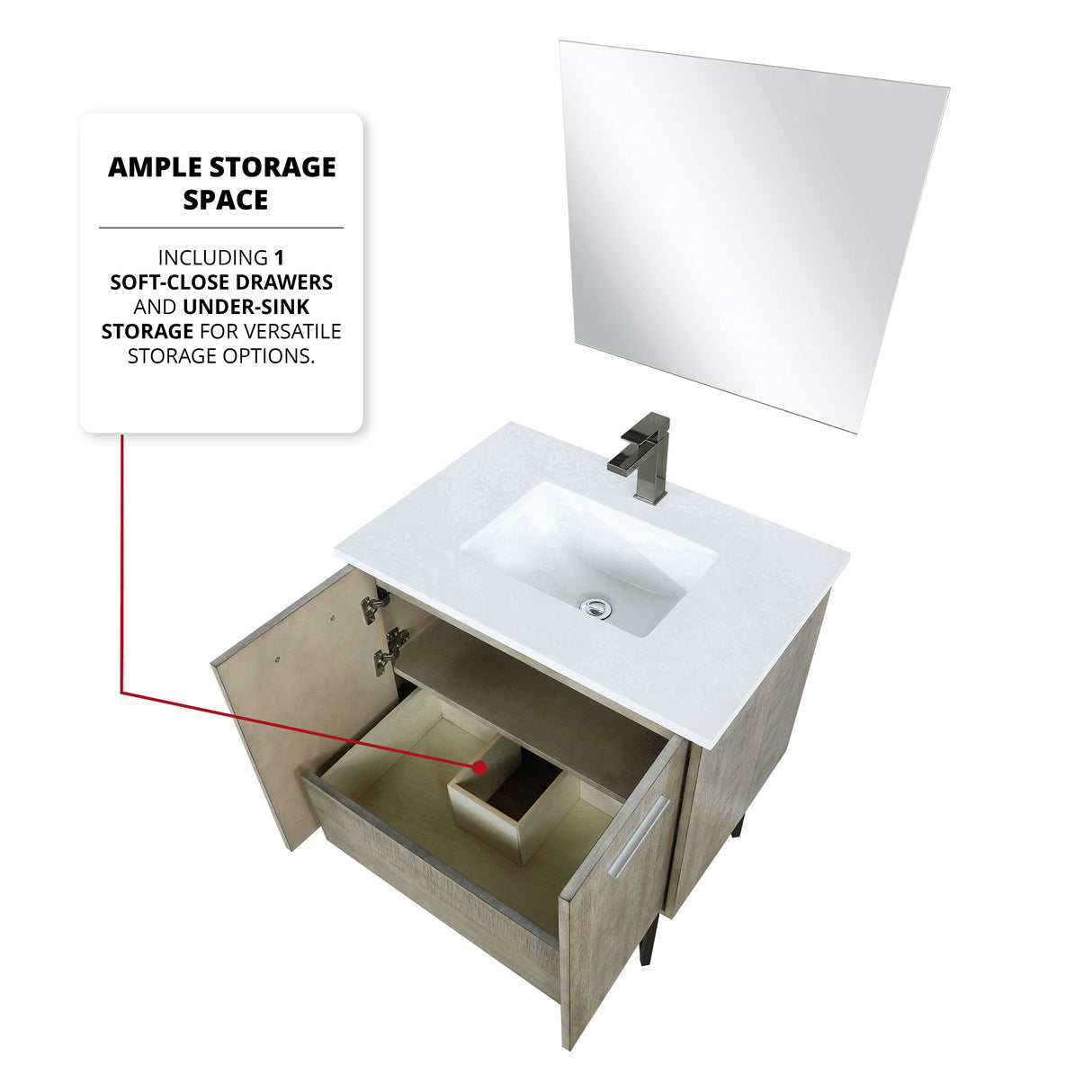 Lancy 30" Rustic Acacia Bathroom Vanity, White Quartz Top, White Square Sink, Balzani Gun Metal Faucet Set, and 28" Frameless Mirror