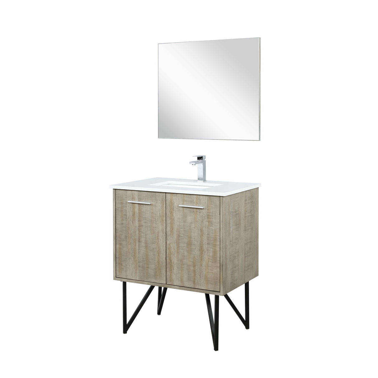 Lancy 30" Rustic Acacia Bathroom Vanity, White Quartz Top, White Square Sink, Monte Chrome Faucet Set, and 28" Frameless Mirror