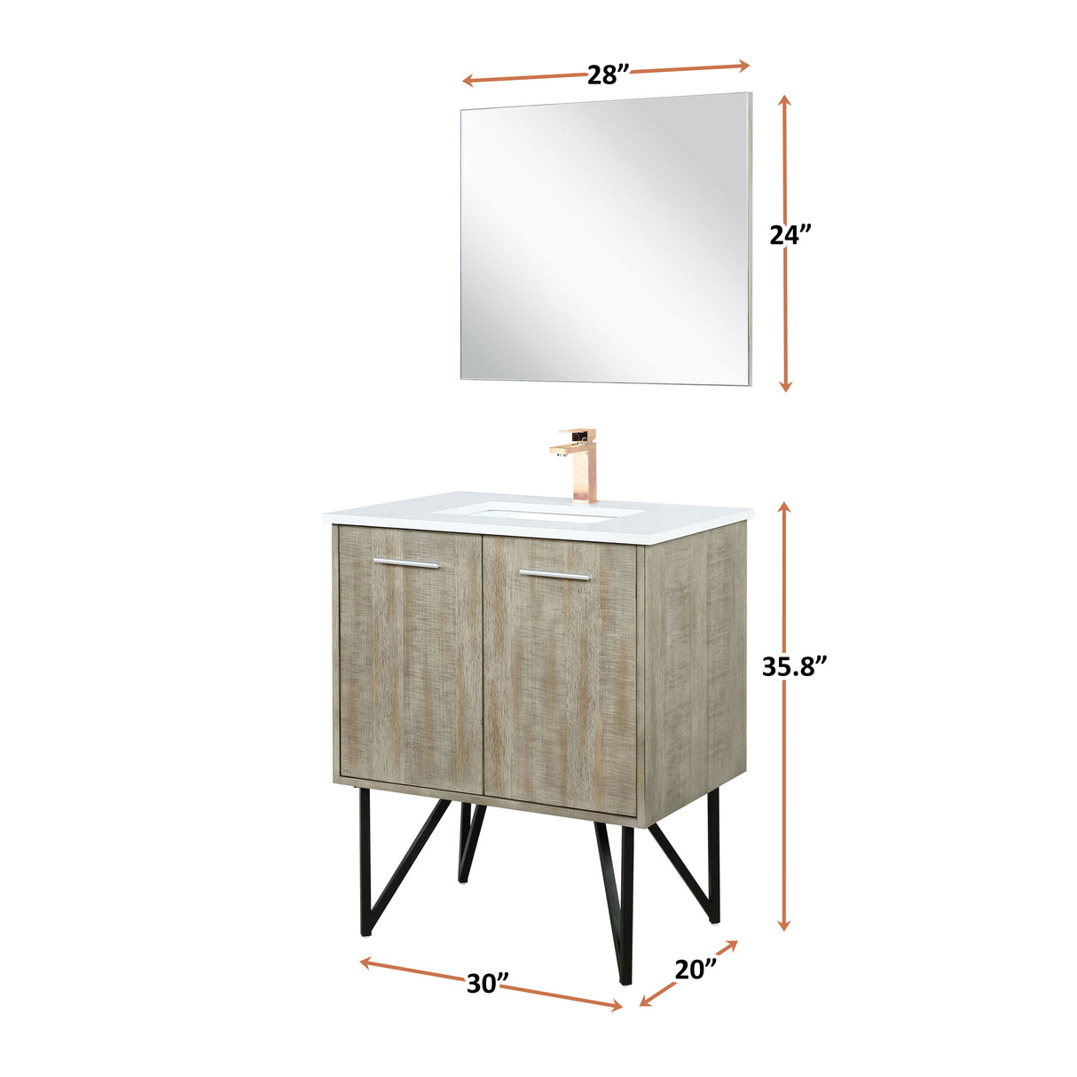 Lancy 30" Rustic Acacia Bathroom Vanity, White Quartz Top, White Square Sink, and 28" Frameless Mirror