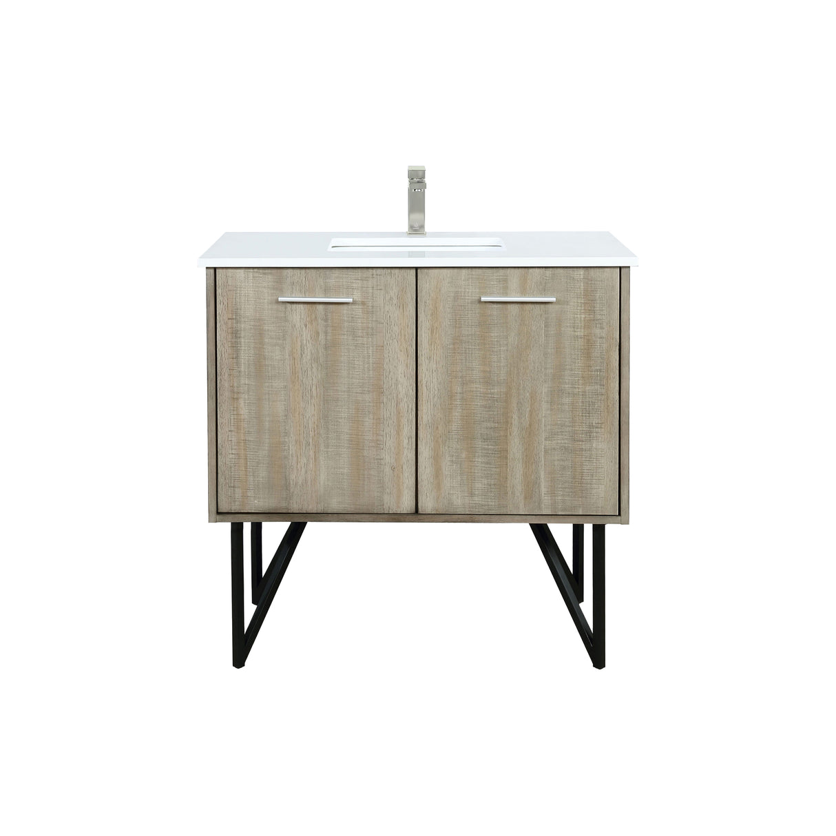 Lancy 36 in. Rustic Acacia Freestanding Bathroom Vanity with White Quartz Top, White Square Sink, and Labaro Brushed Nickel Faucet Set