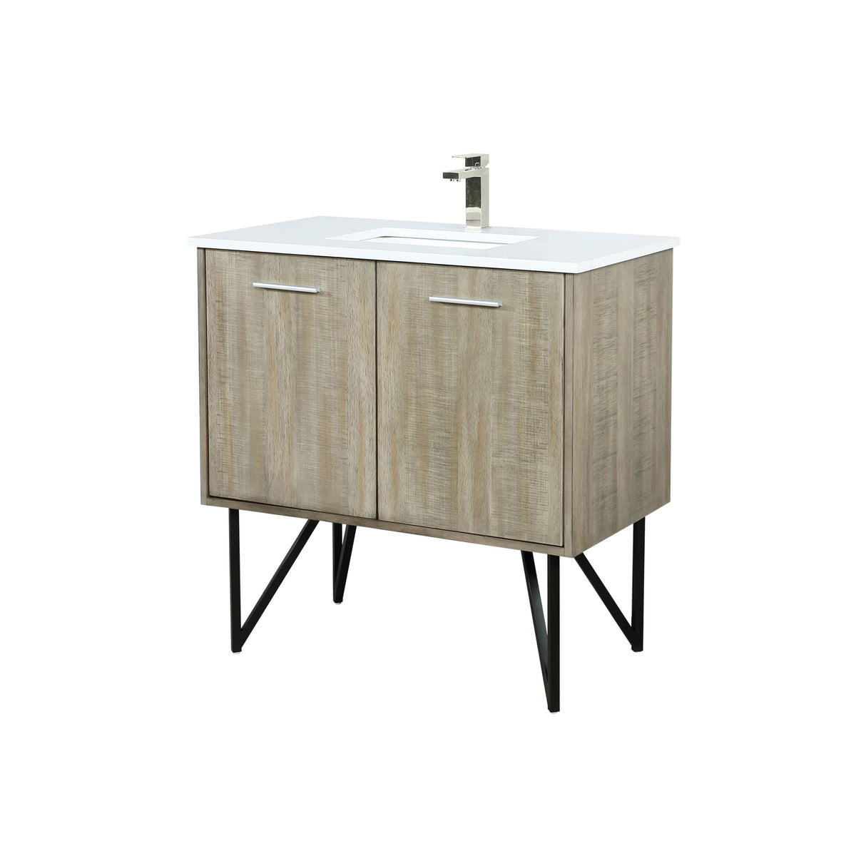 Lancy 36 in. Rustic Acacia Freestanding Bathroom Vanity with White Quartz Top, White Square Sink, and Labaro Brushed Nickel Faucet Set
