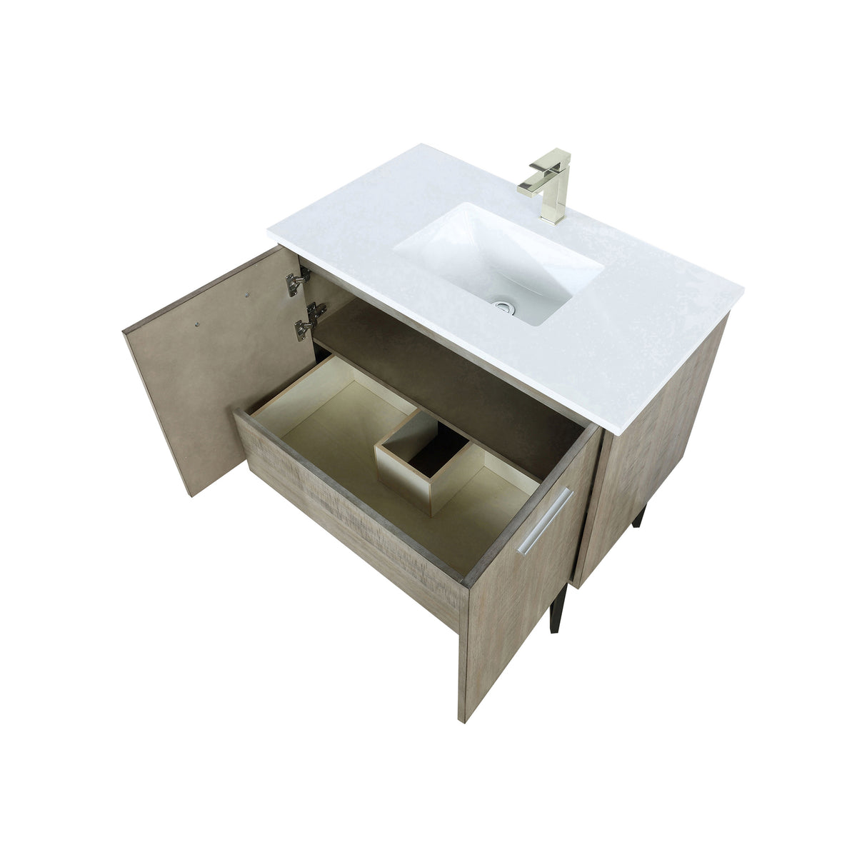 Lancy 36 in. Rustic Acacia Freestanding Bathroom Vanity with White Quartz Top, White Square Sink, and Labaro Brushed Nickel Faucet Set