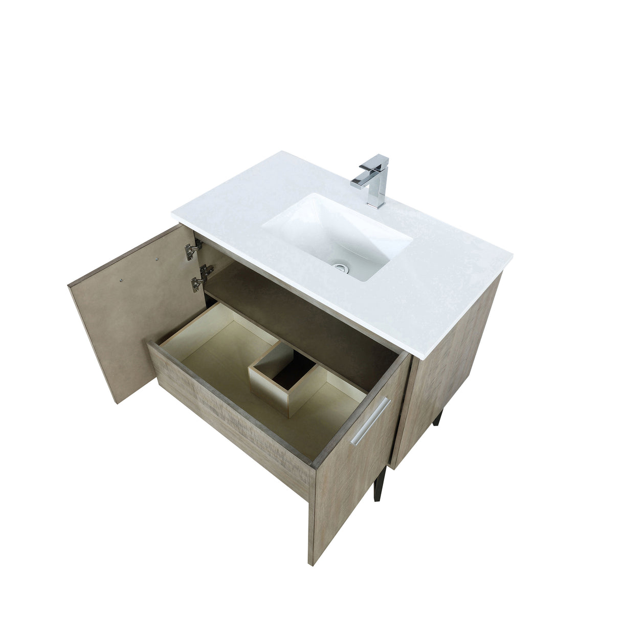 Lancy 36 in. Rustic Acacia Freestanding Bathroom Vanity with White Quartz Top, White Square Sink, and Monte Chrome Faucet Set