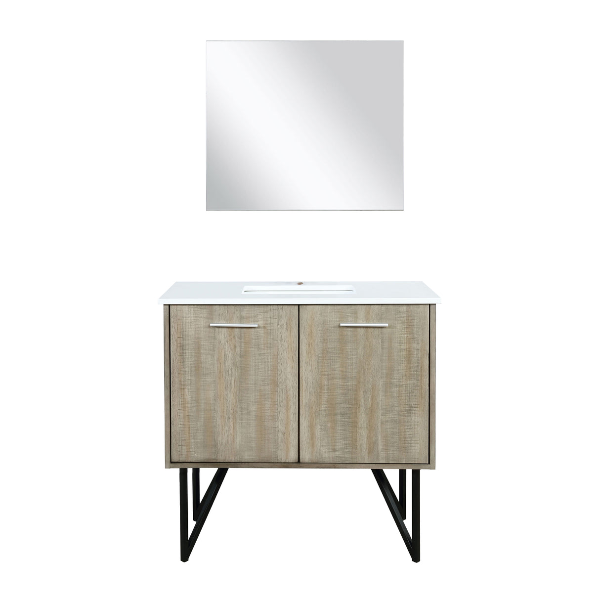 Lancy 36" Rustic Acacia Bathroom Vanity, White Quartz Top, White Square Sink, and 28" Frameless Mirror