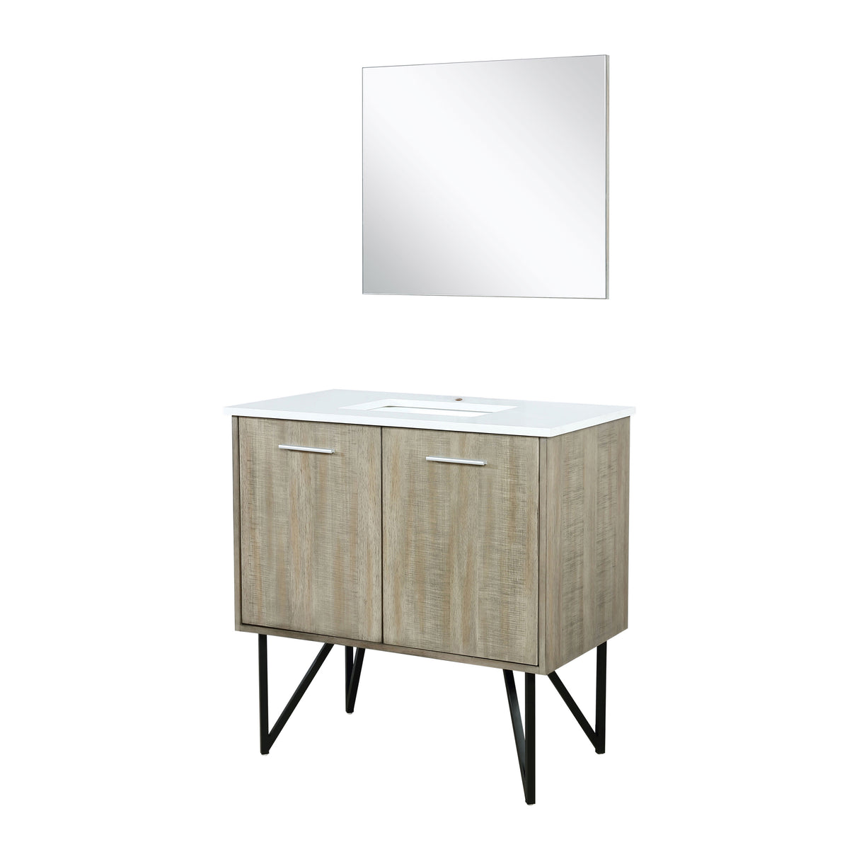 Lancy 36" Rustic Acacia Bathroom Vanity, White Quartz Top, White Square Sink, and 28" Frameless Mirror