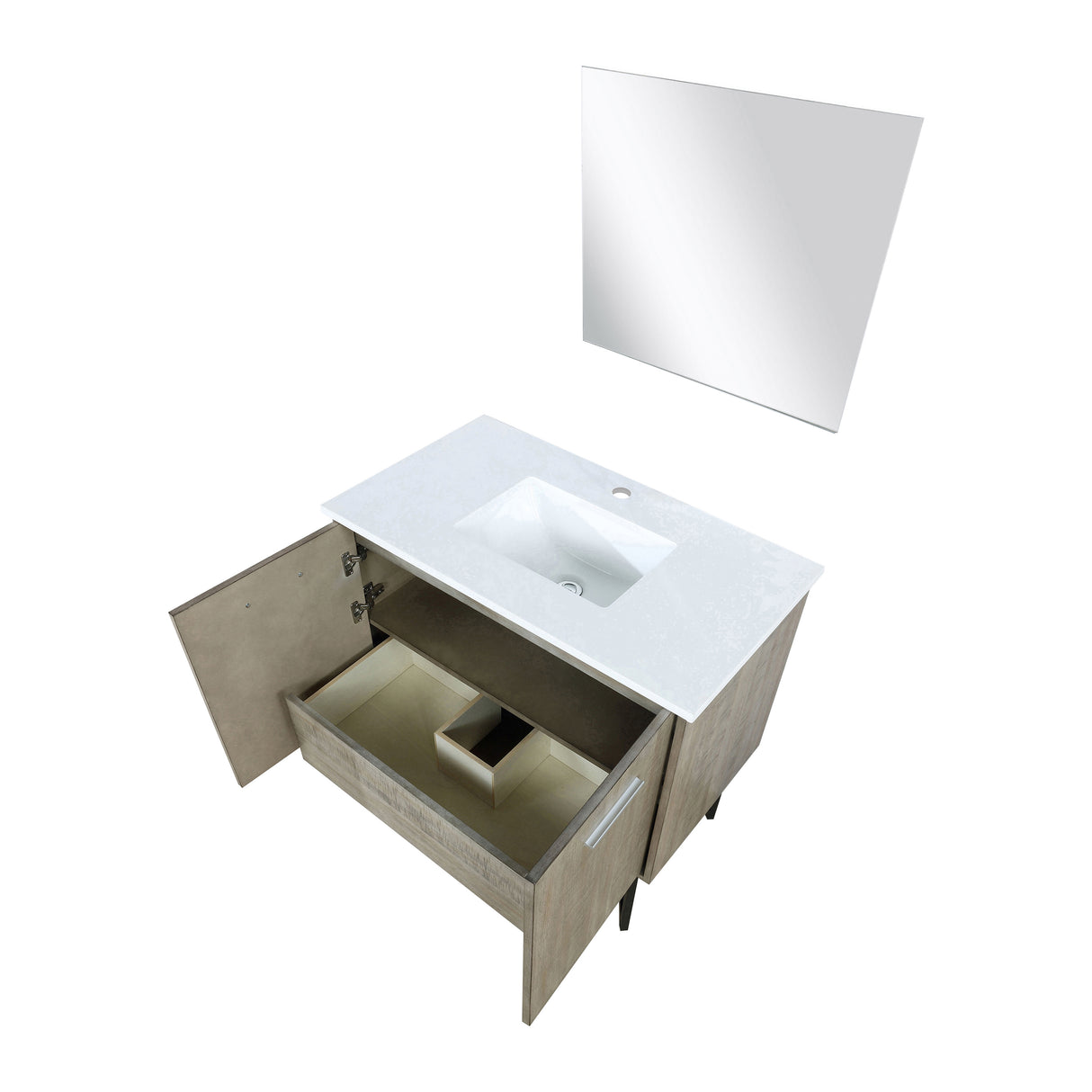 Lancy 36" Rustic Acacia Bathroom Vanity, White Quartz Top, White Square Sink, and 28" Frameless Mirror