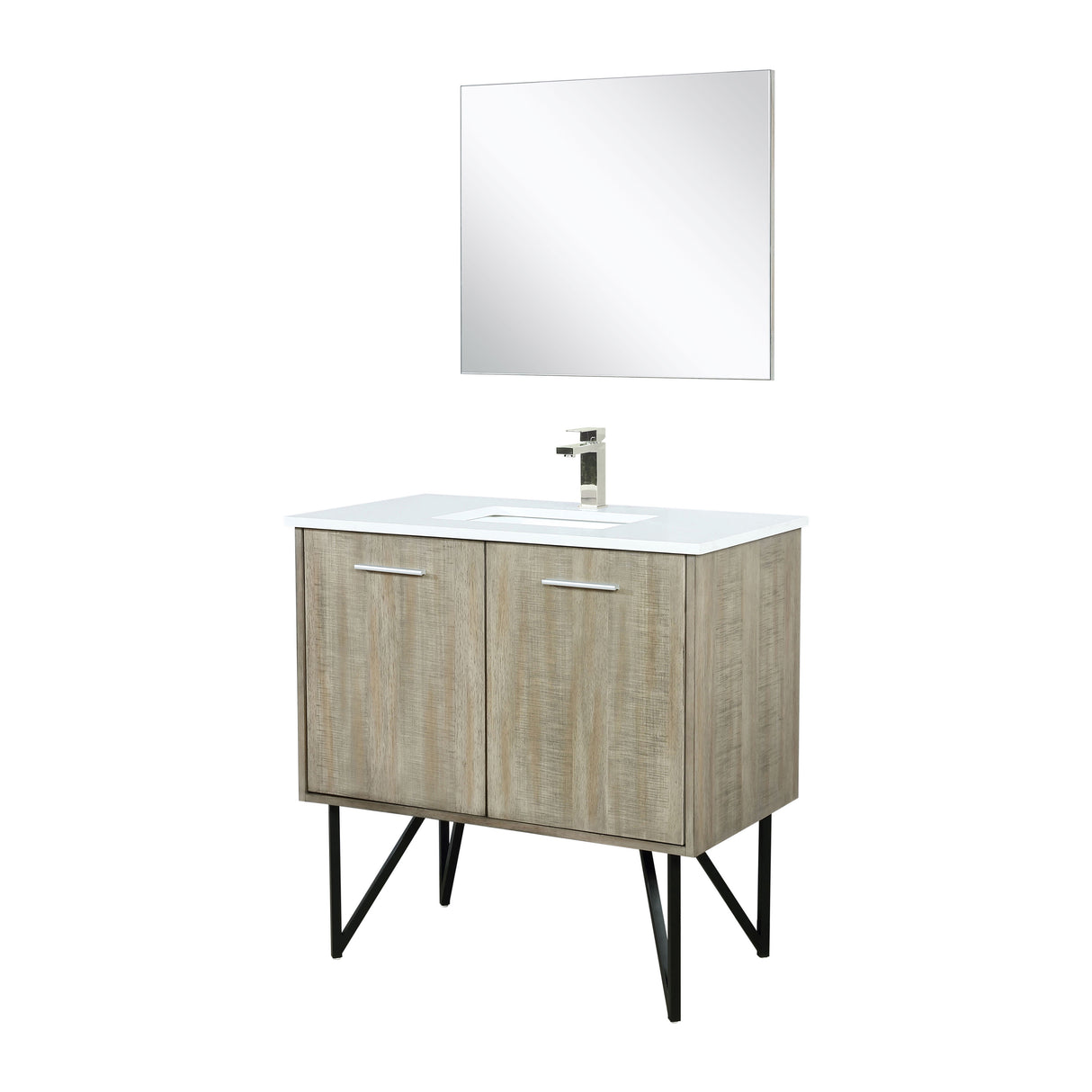 Lancy 36" Rustic Acacia Bathroom Vanity, White Quartz Top, White Square Sink, Labaro Brushed Nickel Faucet Set, and 28" Frameless Mirror