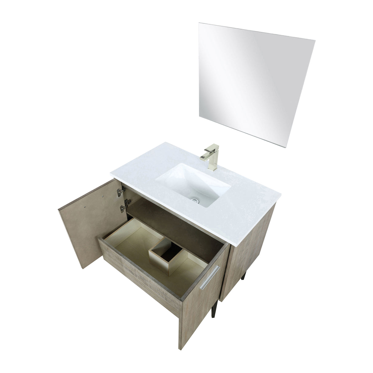 Lancy 36" Rustic Acacia Bathroom Vanity, White Quartz Top, White Square Sink, Labaro Brushed Nickel Faucet Set, and 28" Frameless Mirror