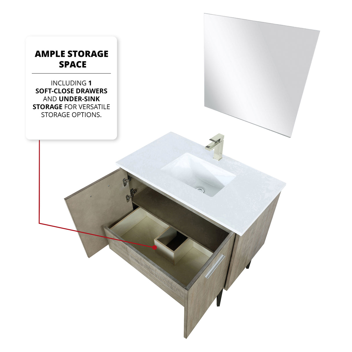 Lancy 36" Rustic Acacia Bathroom Vanity, White Quartz Top, White Square Sink, Labaro Brushed Nickel Faucet Set, and 28" Frameless Mirror